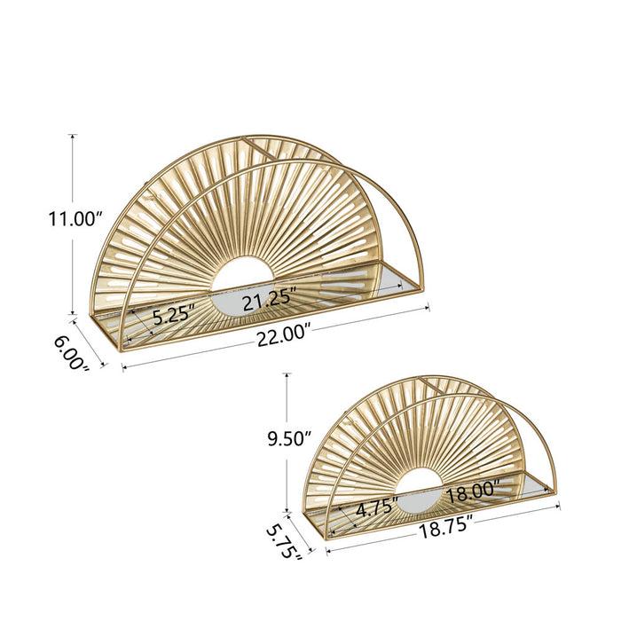 Set of 2 Regency Modern Gold Fan Shaped Wall Shelf With Mirror Base