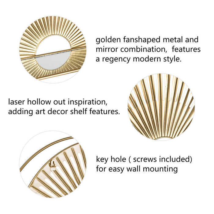 Set of 2 Regency Modern Gold Fan Shaped Wall Shelf With Mirror Base