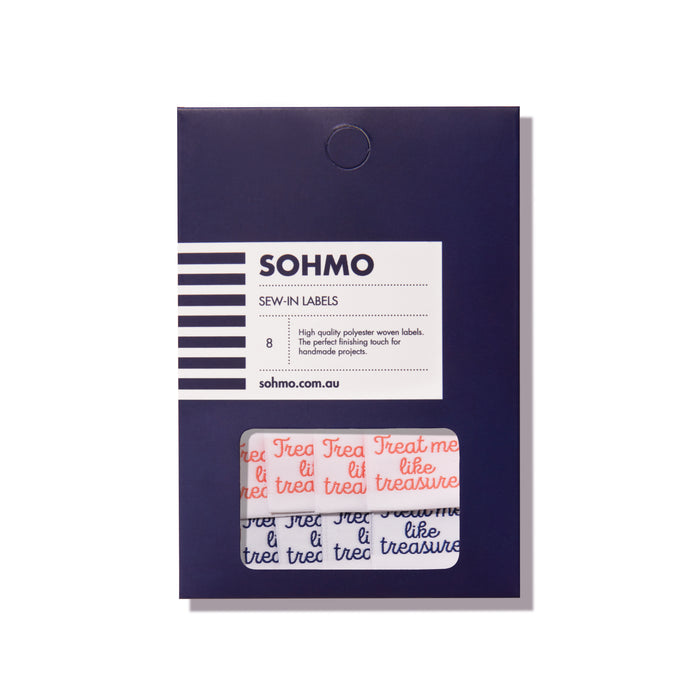 Packaging of SOHMO sew-in labels with a label and two stickers on a white background.