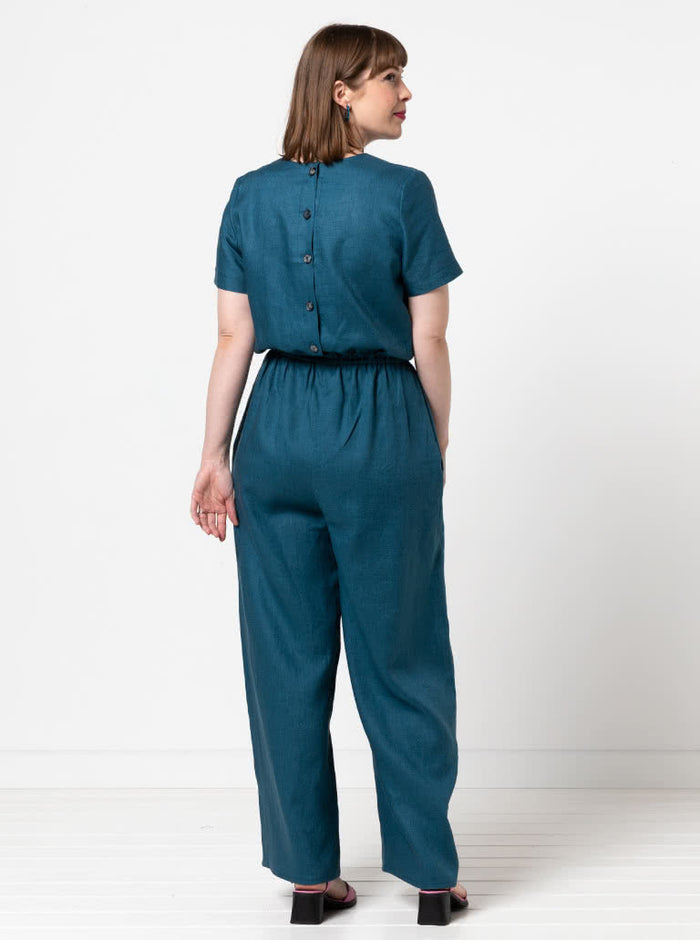 Shannon Jumpsuit sewing pattern featuring two bodice styles, wide leg pants, and optional side pockets, perfect for crepe, linen, or ponte knit fabrics.