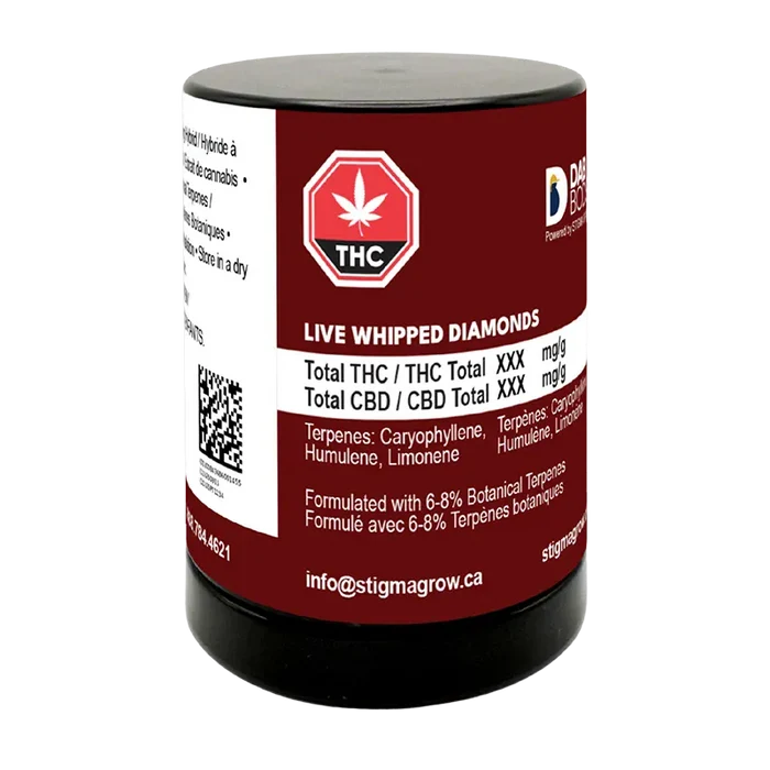 Front three-quarter view of a maroon-labeled jar of Sherbet Queen Live Whipped Diamonds showing the white THC symbol, ingredient text, and contact info.