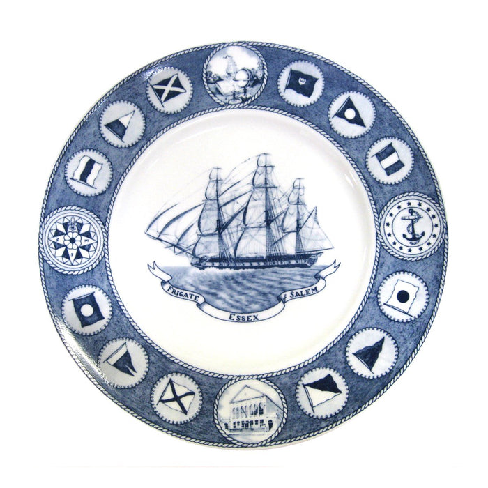 A set of four blue and white bone china plates featuring a large ship illustration in the center, surrounded by nautical-themed emblems and symbols.