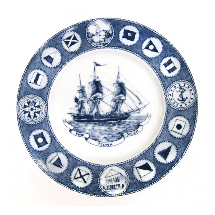 A set of four blue and white bone china plates featuring a large ship illustration in the center, surrounded by nautical-themed emblems and symbols.