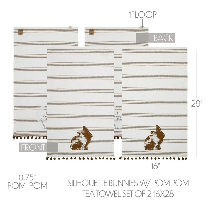 Silhouette Bunnies Tea Towels with Pom Pom 16x28" - Set of 2 - Primitive Star Quilt Shop