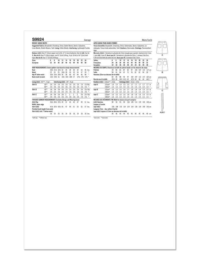 Simplicity Sewing Pattern S9924 for Misses' mid-rise cargo mini skirts with pocket variations