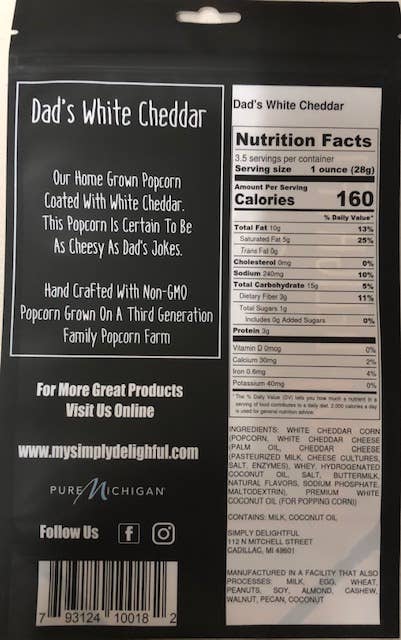 Simply Delightful Popcorn-Dad's White Cheddar 3 oz. - Pine & Moss