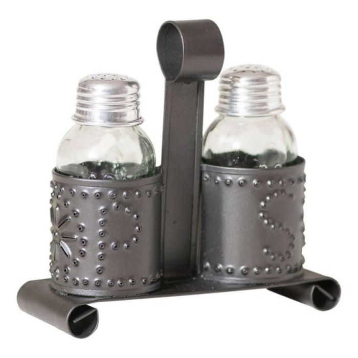 Smokey Black Punched Tin Salt & Pepper Shaker Holder Set - Primitive Star Quilt Shop