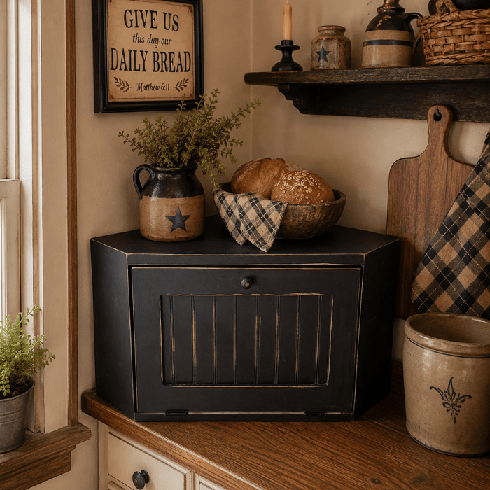 Solid Wood Corner Bread Box - Distressed Black - Primitive Star Quilt Shop