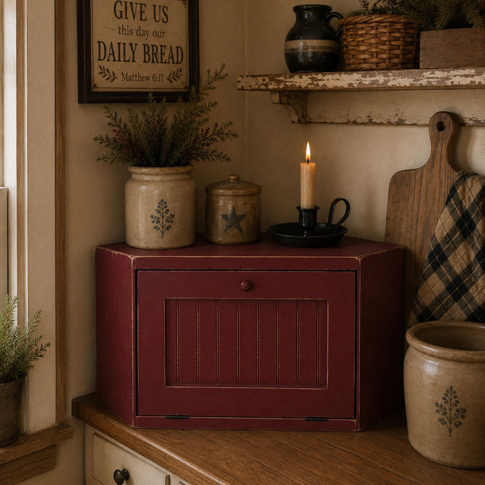 Solid Wood Corner Bread Box - Distressed Burgundy - Primitive Star Quilt Shop