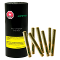 Studio-lit front view of a black cylinder and seven jointed pre-rolls labeled "Sour x Papaya PR 7 x 0.5 g" arranged on a white background.