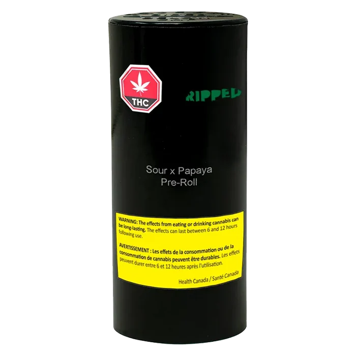 Front view of the black cylinder labeled Sour x Papaya PR 7 x 0.5 g pre-roll with a red THC symbol and yellow warning panel.