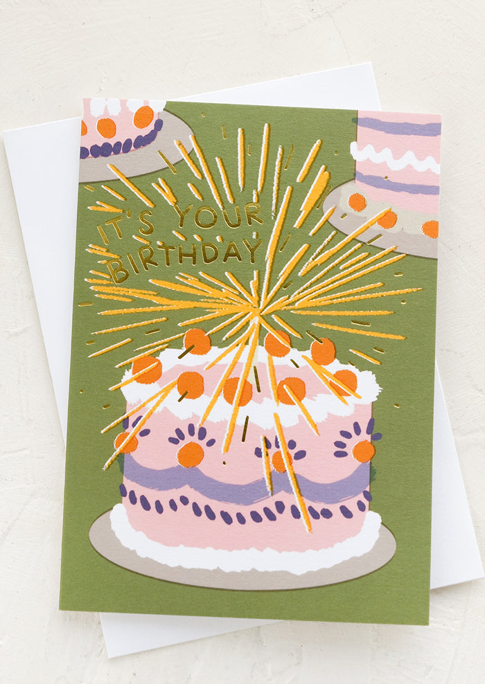 A birthday card with image of cake with candles.