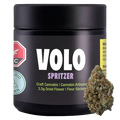 Front-facing shot of the VOLO Spritzer 3.5 g black jar with bold white logo and a cannabis bud leaning against its lower right.