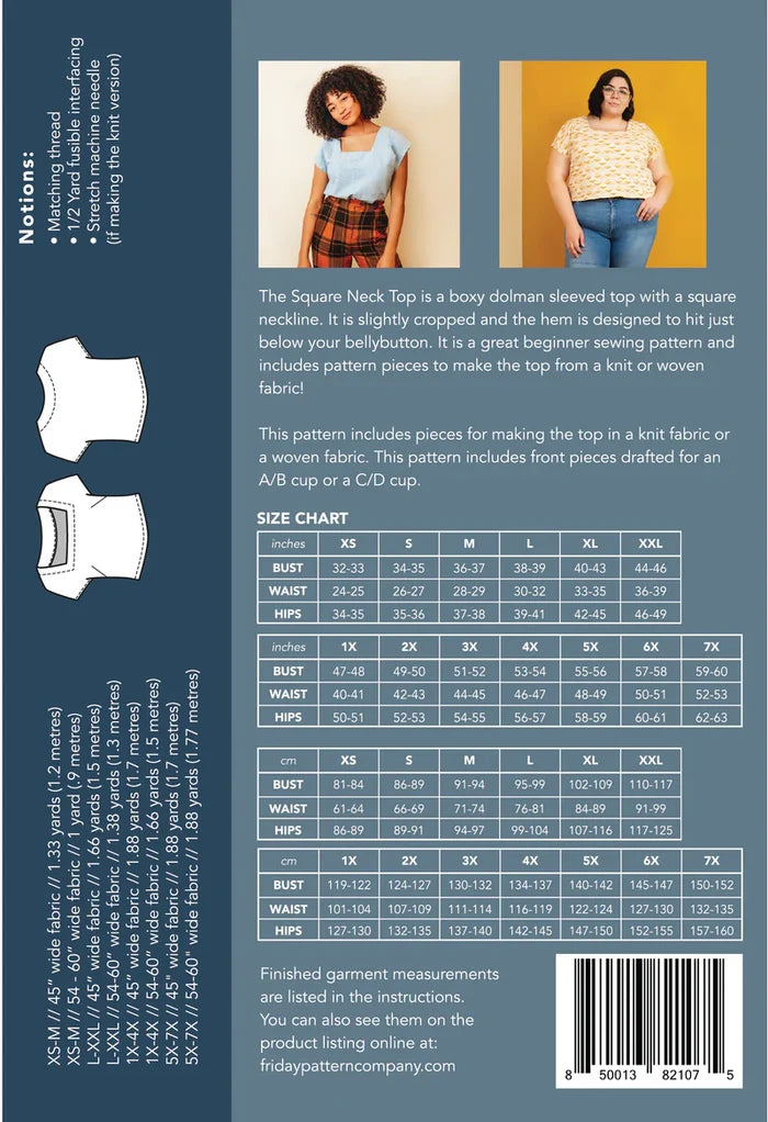 Square Neck Top Sewing Pattern – cropped dolman sleeve boxy top for knits and wovens