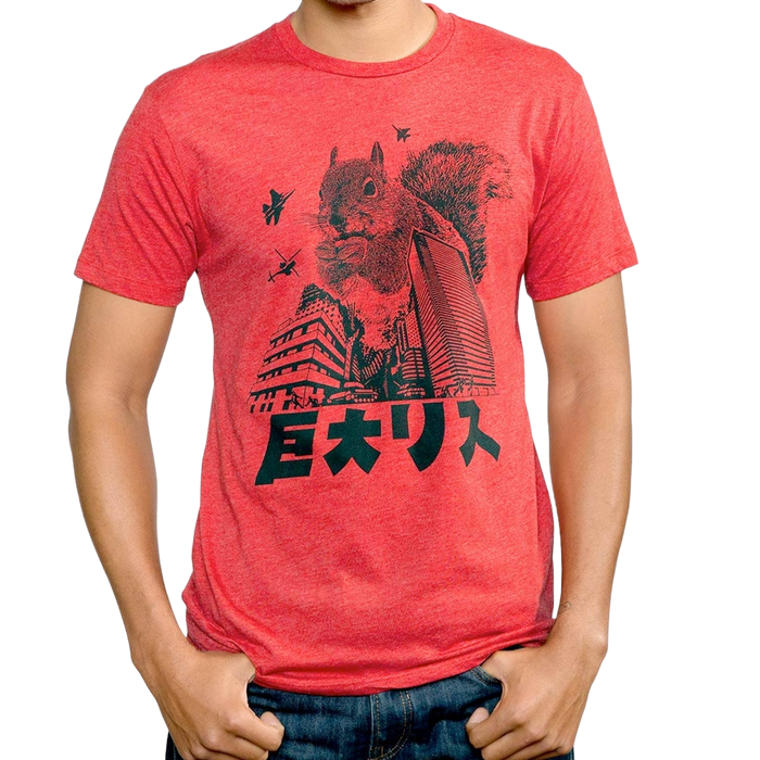 A red t-shirt with a black graphic print of a squirrel and the text 'Giant Squirrel' or 'Squirrel Monster' in Japanese.