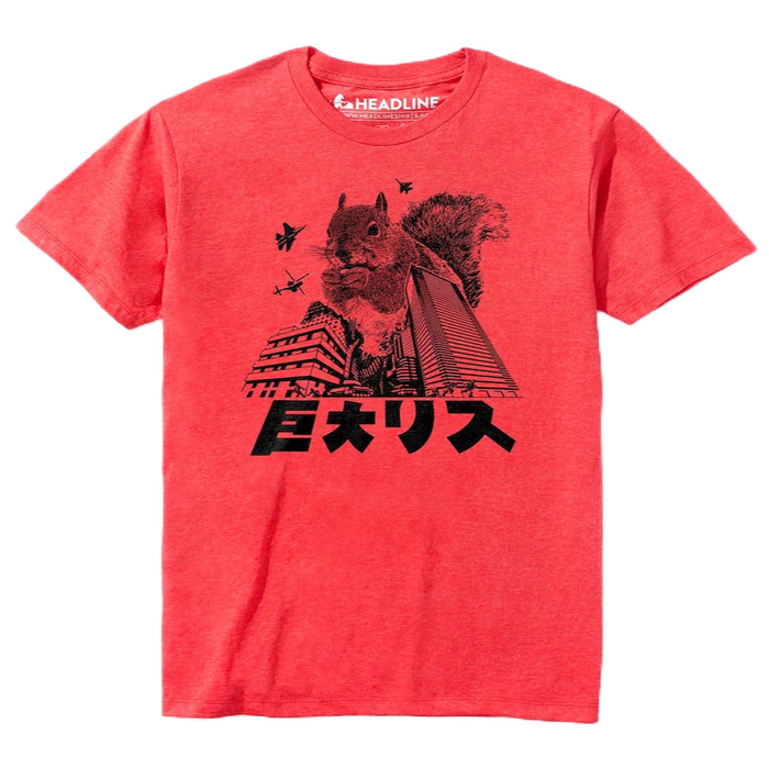 A red t-shirt with a black graphic print of a squirrel and the text 'Giant Squirrel' or 'Squirrel Monster' in Japanese.