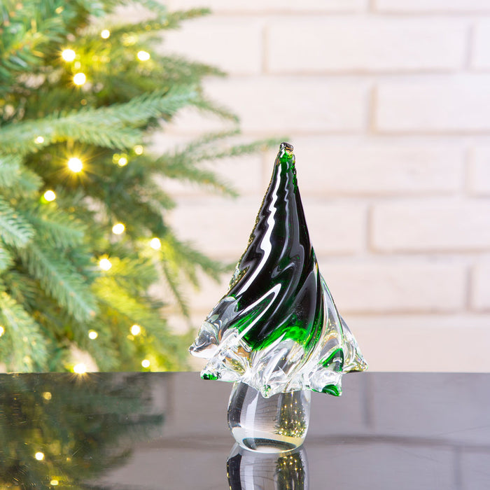 Striped Table Decor Glass Christmas Tree, 7.9" H, Green