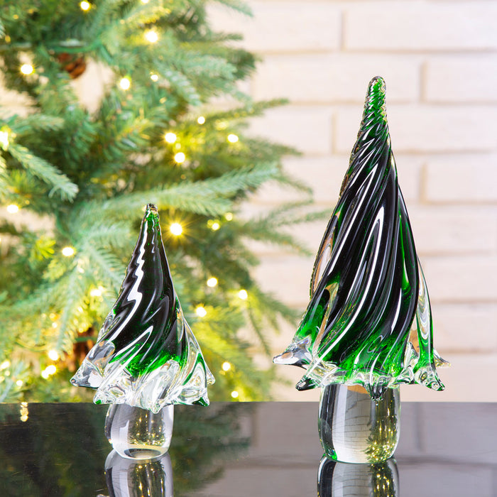 Striped Table Decor Glass Christmas Tree, 7.9" H, Green