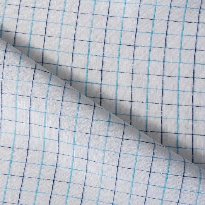 Summer Blues Check 100% Linen Fabric featuring fine blue checks on a white background, ideal for a variety of summer garments