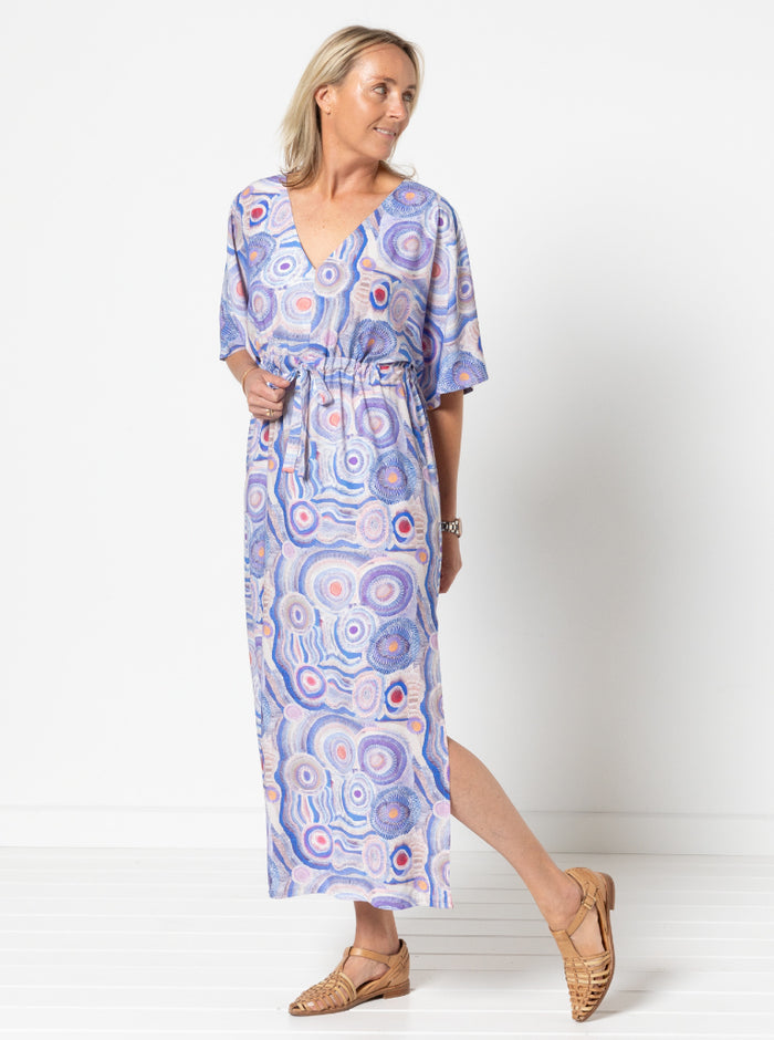 Summer coverup sewing pattern with V neck, wide sleeves, drawstring under bust, and short or long skirt options