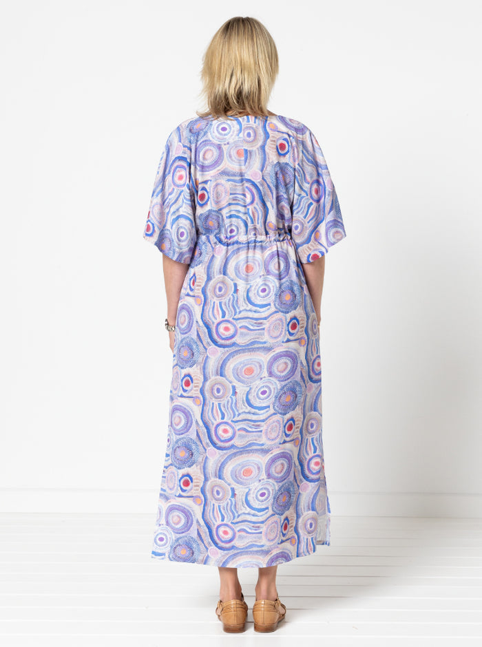 Summer coverup sewing pattern with V neck, wide sleeves, drawstring under bust, and short or long skirt options