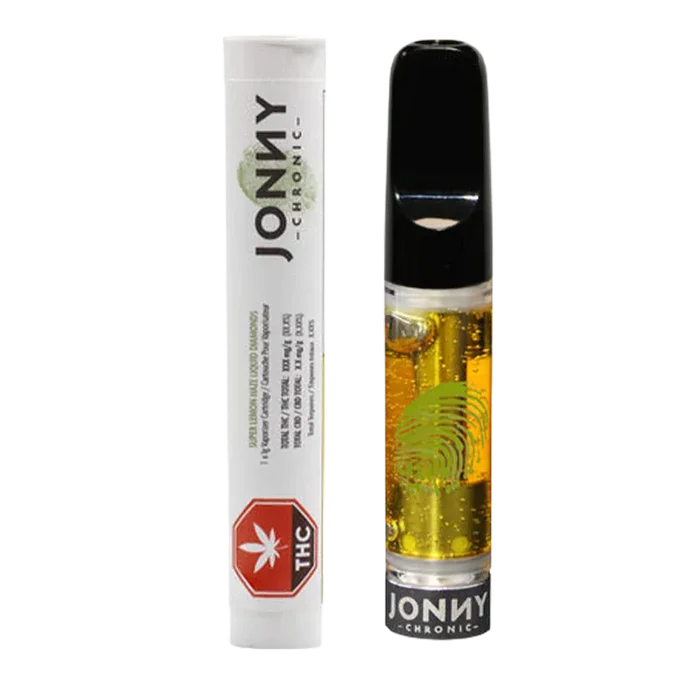 Front-facing shot of the Super Lemon Haze Liquid Diamonds Vape Cartridge showing a clear 1 g cartridge of golden oil with a black mouthpiece beside white Jonny Chronic branded packaging.