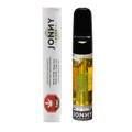 Front-facing shot of the Super Lemon Haze Liquid Diamonds Vape Cartridge showing a clear 1 g cartridge of golden oil with a black mouthpiece beside white Jonny Chronic branded packaging.