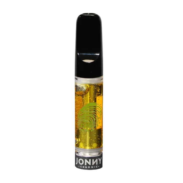 Straight-on view of the Super Lemon Haze Liquid Diamonds Vape Cartridge showing a clear cylinder of golden oil with a green fingerprint logo and a black mouthpiece.