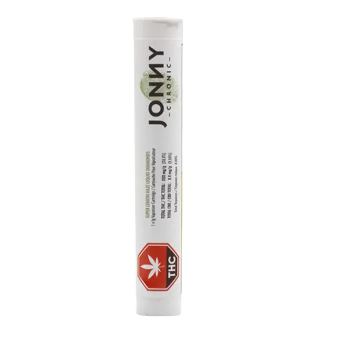 Tall front-facing tube labeled "Jonny Chronic Super Lemon Haze Liquid Diamonds Vape Cartridge" centered on a white background with a red THC octagon near the base