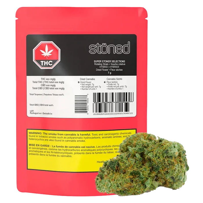 Rear view of a red package labeled "Stöned Super Stoner Selection" with a black-and-white info panel and a cannabis bud positioned in front.