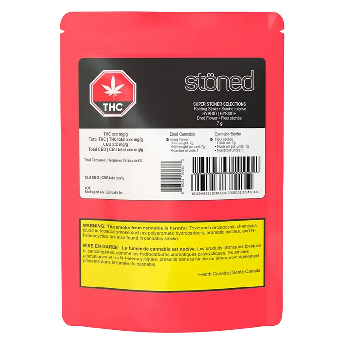 Rear view of a red pouch labeled "Super Stoner Selection" with a black and white information panel, THC symbol, barcode, and a yellow health warning.