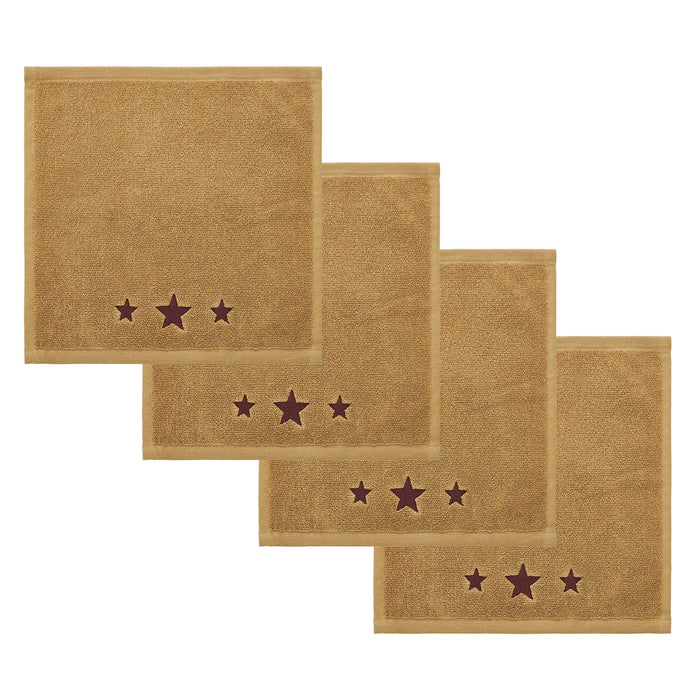 Tan with Burgundy Barn Stars Washcloth - Set of 4 - Primitive Star Quilt Shop