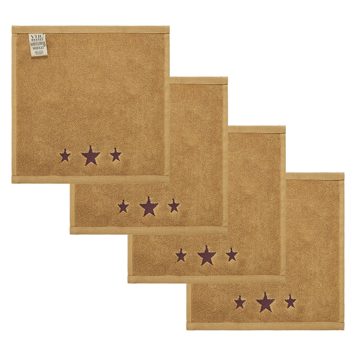 Tan with Burgundy Barn Stars Washcloth - Set of 4 - Primitive Star Quilt Shop