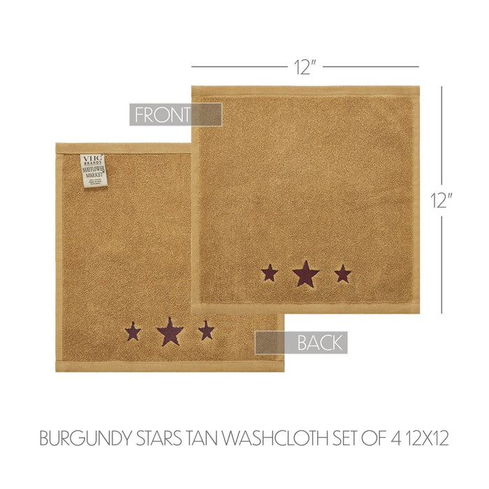 Tan with Burgundy Barn Stars Washcloth - Set of 4 - Primitive Star Quilt Shop