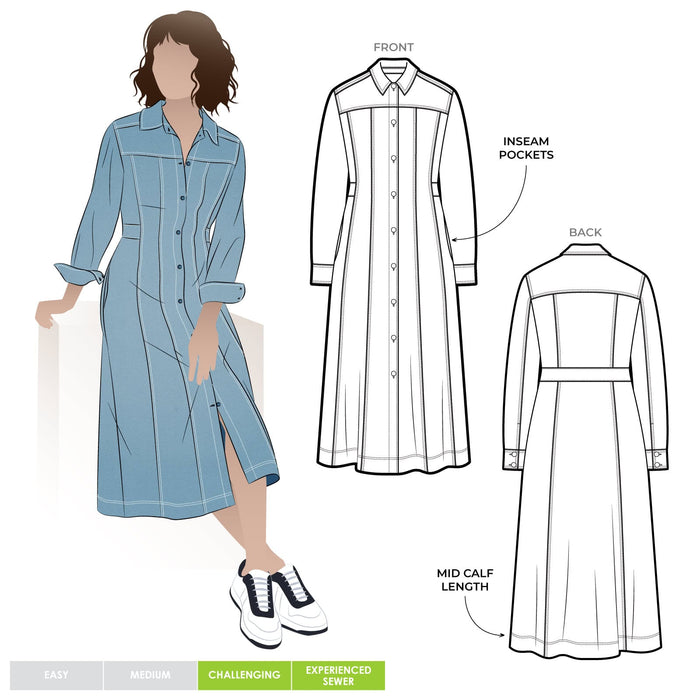 Classic Tatum Woven Dress sewing pattern with long sleeves, collar, and western panelling, designed for denim, chambray, woven drill, or linen fabrics.