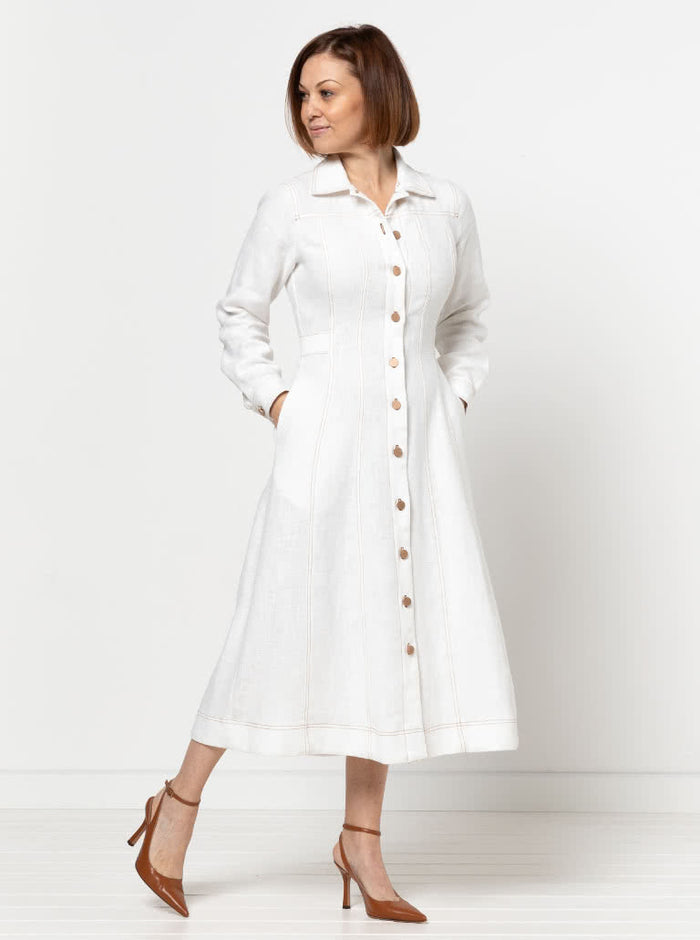 Classic Tatum Woven Dress sewing pattern with long sleeves, collar, and western panelling, designed for denim, chambray, woven drill, or linen fabrics.