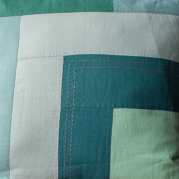 Teal-Green Patchwork Cushion Cover 100% Linen