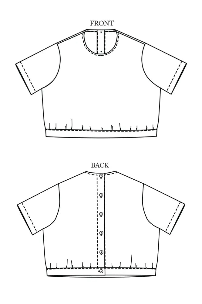 Line drawing of a The Celeste Sewing Pattern by Merchant & Mills – feminine blouse with back buttons and gathered waist