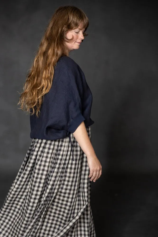 navy blue top made using Cirrus top sewing pattern by Merchant & Mills