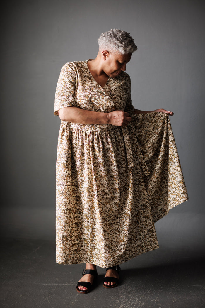 Etta Sewing Pattern - Simple Wrap Dress with Lined Bodice and Inseam Pockets in floral  fabric