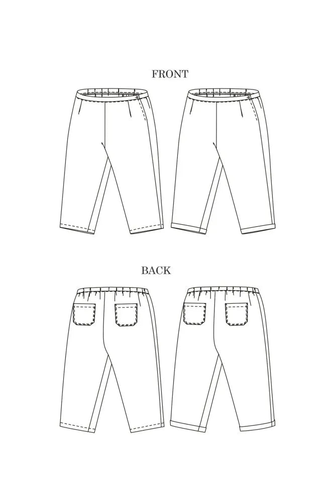Technical drawing of pants made using The Eve Trouser Sewing Pattern by Merchant & Mills – cropped tapered trousers with side zip and pleats showing front, back, and side views on a white background.