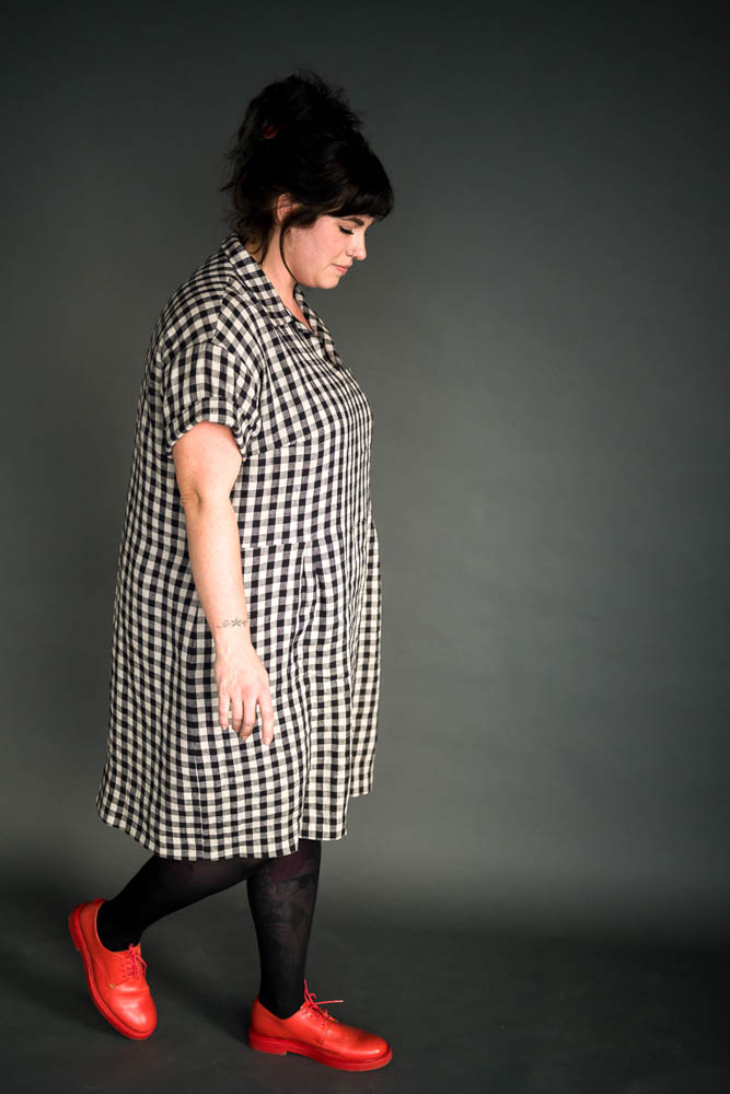 Twenties-inspired Factory Dress sewing pattern with pockets and rolled-up sleeves by Merchant & Mills.