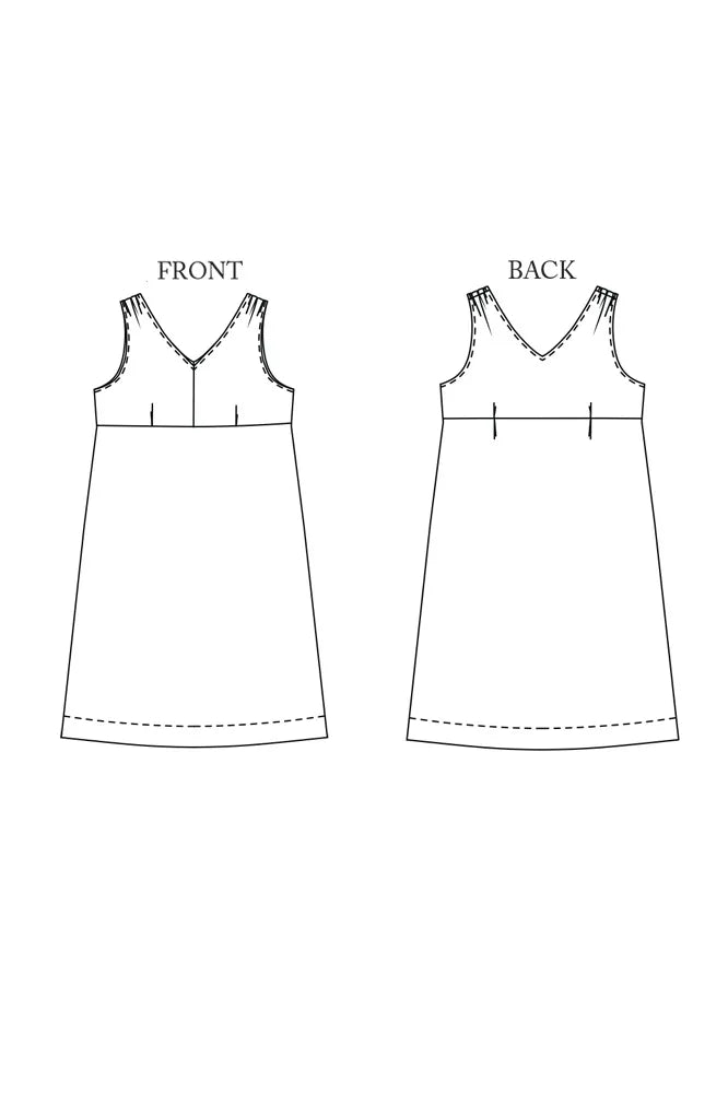 Line drawing of  The Lilian Sewing Pattern by Merchant & Mills front and back view on a white background