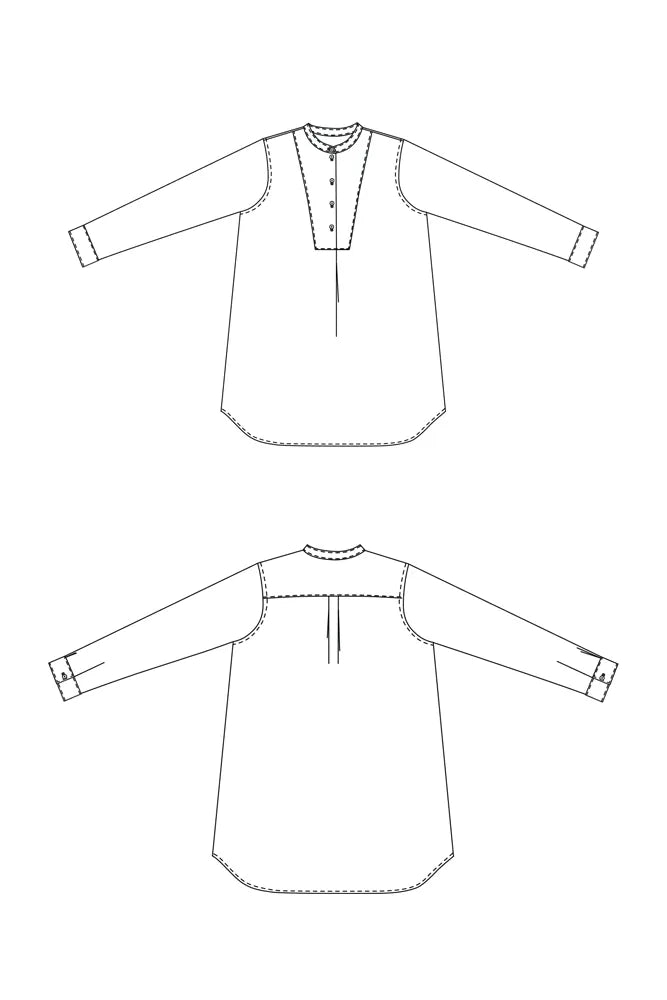 Technical drawing of a The Niven Sewing Pattern by Merchant & Mills – oversized shirt or shirt-dress with bib, grandad collar and cuffs