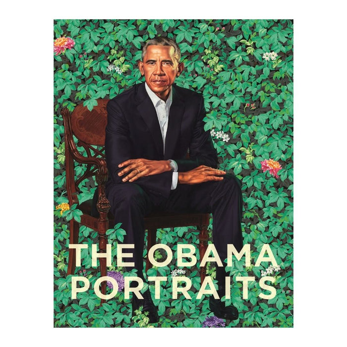 Cover of the book 'The Obama Portraits' featuring a painting of Barack Obama seated in front of a green background, with the title and author's name at the top.
