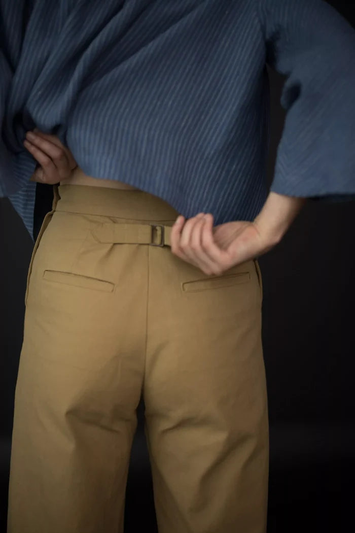 Merchant & Mills’ Omilie sewing pattern for sailor-inspired wide leg trousers with buttoned pockets.