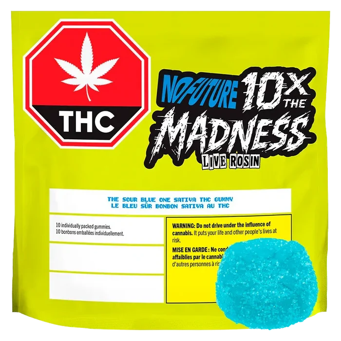 Front-facing shot of the bright yellow pouch labeled The Sour Blue One Live Rosin Gummies with a blue sugar-coated gummy shown at the lower right.