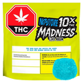 Front-facing shot of the bright yellow pouch labeled The Sour Blue One Live Rosin Gummies with a blue sugar-coated gummy shown at the lower right.