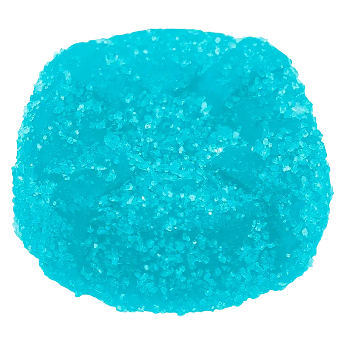 Top-down close-up of a bright blue gummy coated in sugar labeled The Sour Blue One Live Rosin Gummies.