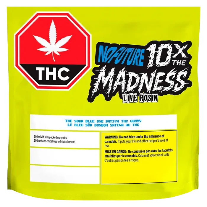 Front-facing shot of the bright yellow pouch labeled The Sour Blue One Live Rosin Gummies with a red THC stop-sign logo and bold "10x the Madness" graphic.
